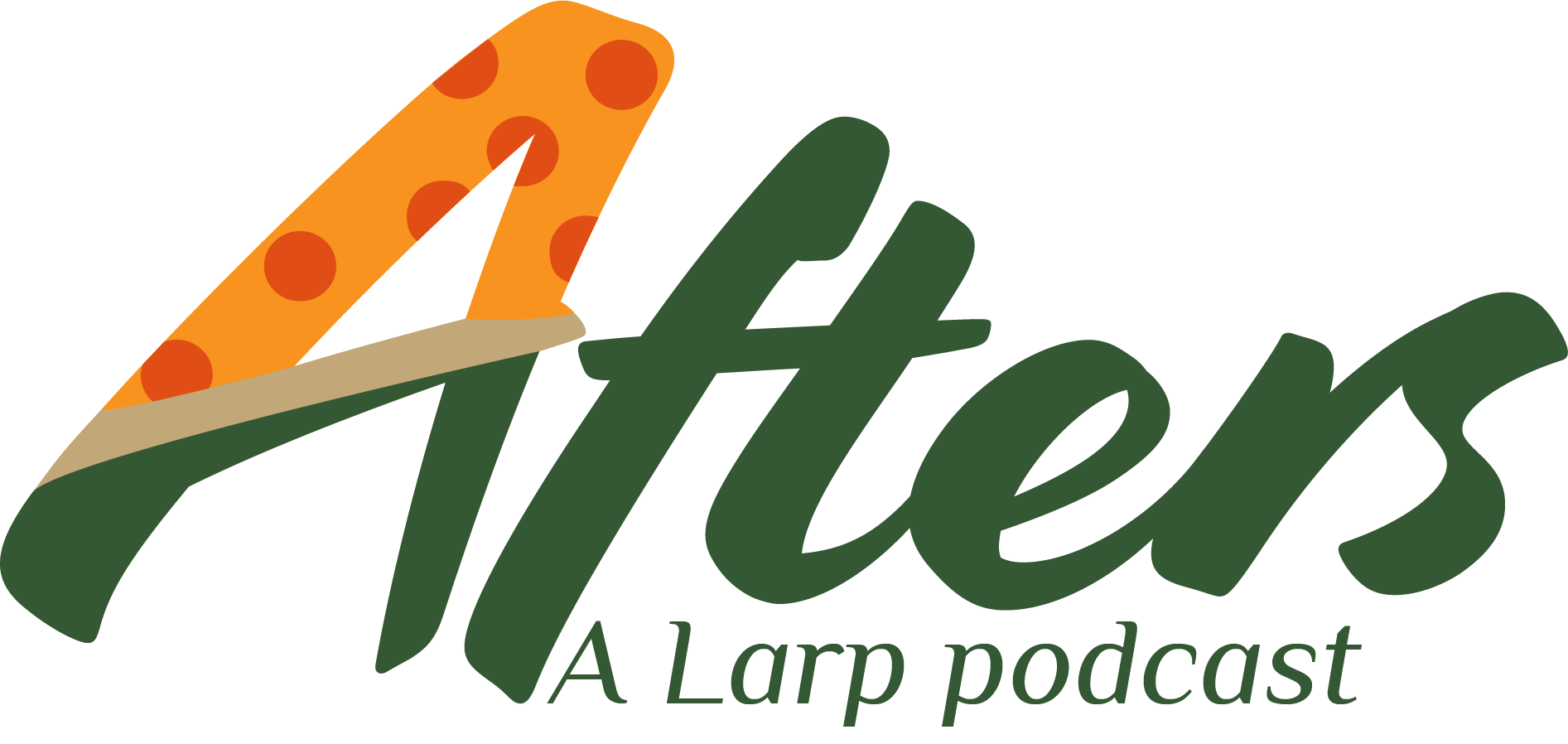 Afters, A Larp podcast A green wordmark logo for "Afters". It is in a script font where all the lowercase letters are connected. The top part of the capital "A" is colored like a slice of cheese and pepperoni pizza. Underneath it reads "A Larp podcast".